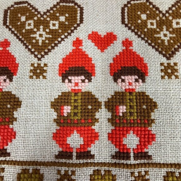 Swedish Cross Stitch Christmas Tapestry Wall Hanging Red Gingerbread Hearts Elf - Picture 3 of 4